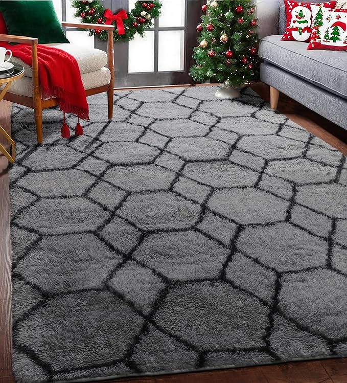 ONASAR Area Rugs for Bedroom Living Room, Washable 4x6 Fluffy Grey and Black Rug, Shaggy Geometric Floor Mat for Home Decor Aesthetic, Soft Plush Fuzzy Carpet for Nursery Kids Teen Dorm