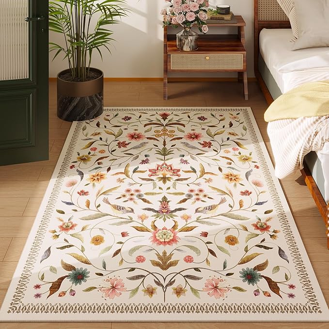 Vintage Medallion Floral 4x6 Rug, Machine Washable Non-Slip Area Rug, Low Pile Soft Carpet for Entry, Living Room, Office, Kids, Girl/Boys Room | Beige