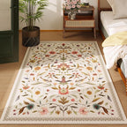 Vintage Medallion Floral 4x6 Rug, Machine Washable Non-Slip Area Rug, Low Pile Soft Carpet for Entry, Living Room, Office, Kids, Girl/Boys Room | Beige