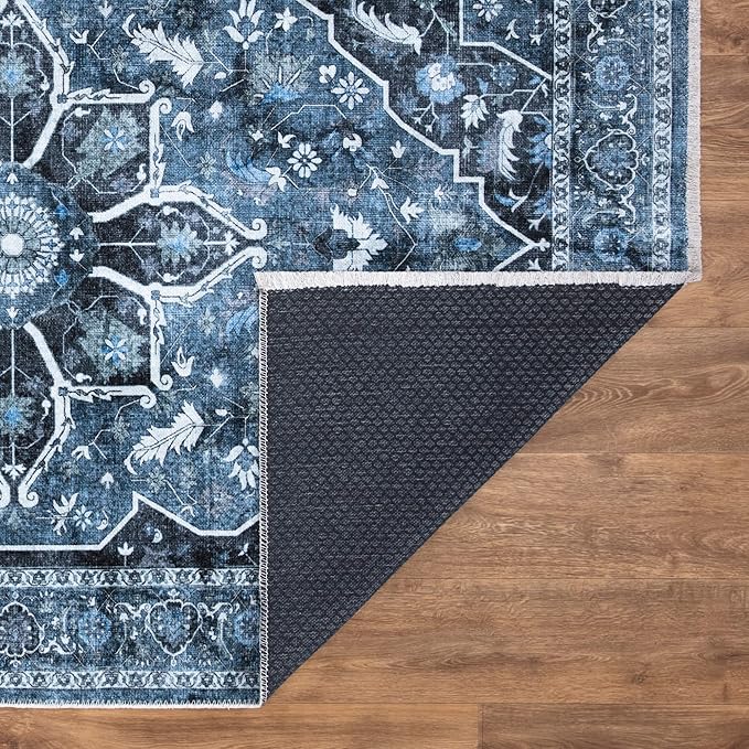 Bloom Rugs Caria Washable Non-Slip 8x10 Rug - Blue/Charcoal Traditional Area Rug for Living Room, Bedroom, Dining Room, and Kitchen - Exact Size: 7'8" x 10'