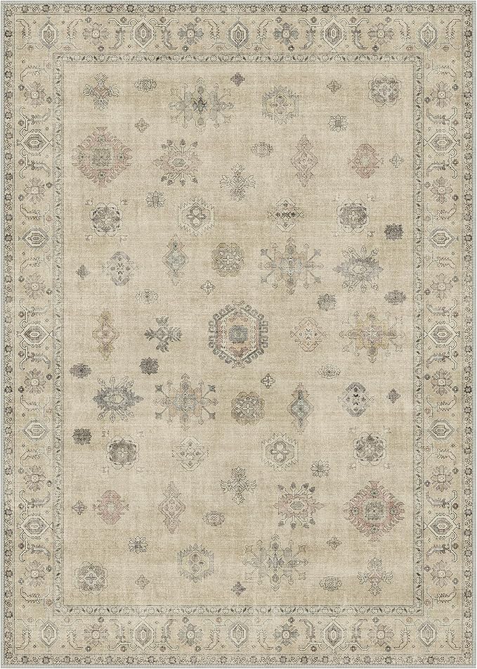 GENIMO 5x7 Area Rugs for Living Room, Machine Washable Non Slip Vintage Retro Rugs, Low Pile Lightweight Chenille Print Rug for Bedroom, Dining Room, Home Office, Sage