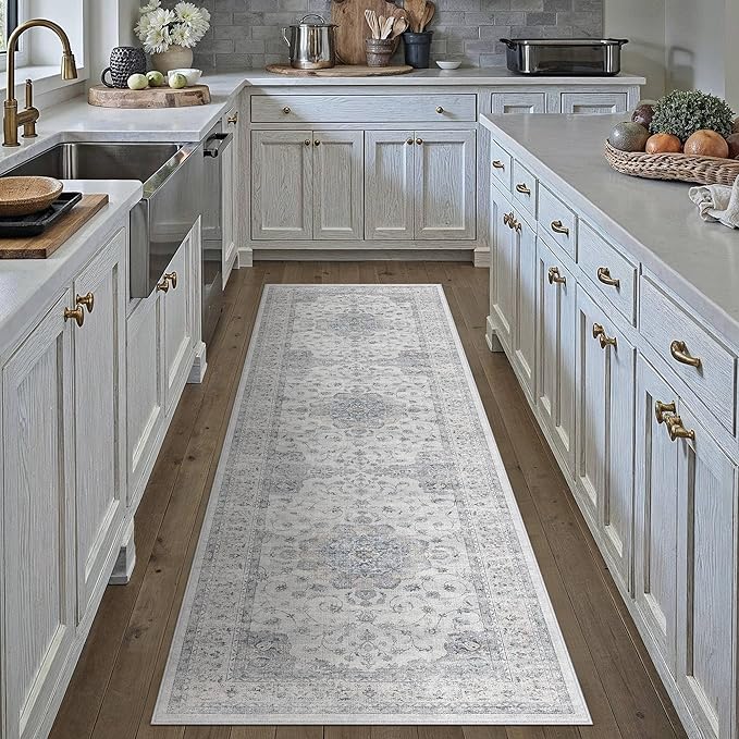 HUGEAR Machine Washable Hallway Runner Rugs 2x8 Vintage Blue Neutral Style Non Slip Stain Resistant Low Pile Throw Carpet for Bedroom Kitchen Retro Aesthetic Modern Decor