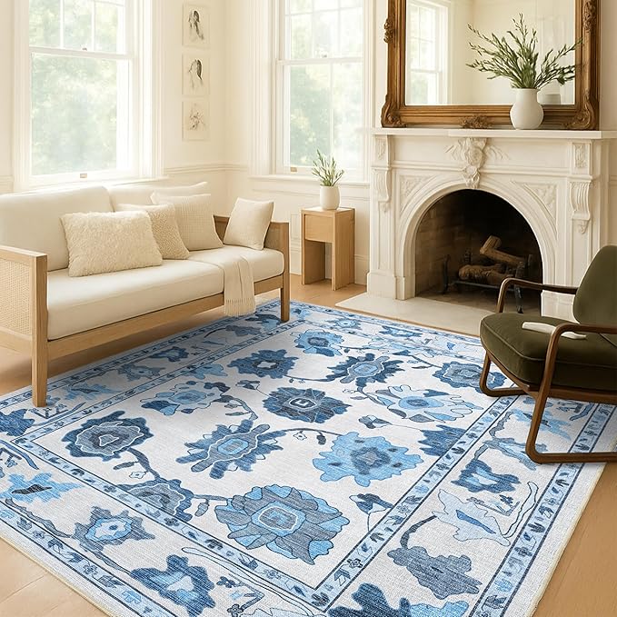 Fame Living Navy Blue Oushak Rug, Modern Small Rugs, Vintage, Turkish, Eclectic, Floral, Pastel, Washable, Door Mat, Doormat for Indoor Entrance, Entryway, Kitchen, Bathroom, Bedroom, Laundry, 2'x3'