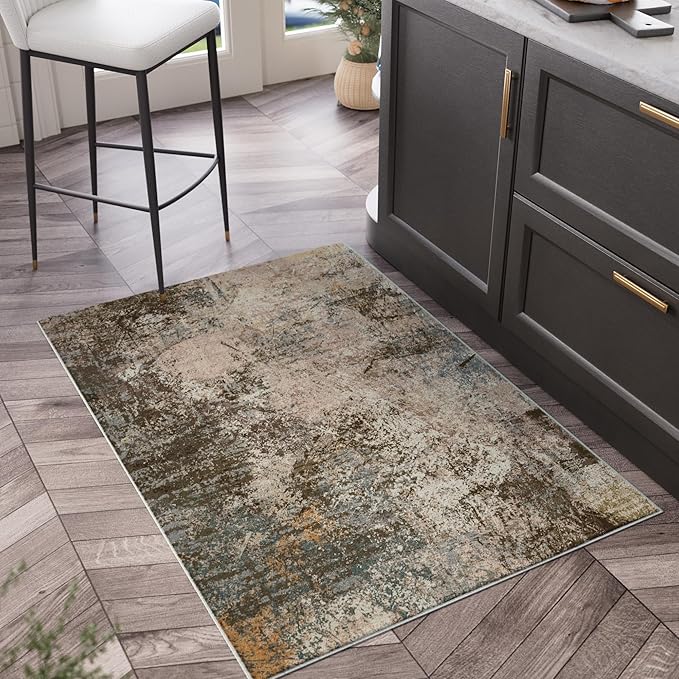Small Rug with Abstract Pattern for Entryway Short Pile with Non-Slip Backing Throw Rugs, Foldable Kitchen Bathroom Rugs 2x3 FT Brown