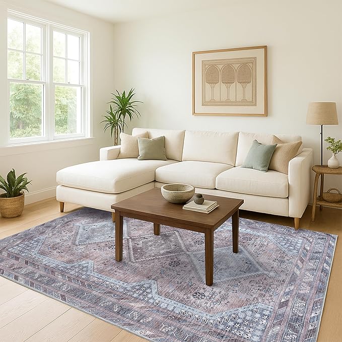 Washable Area Rug. Modern Farmhouse. Vintage. Turkish. Bohemian. Distressed. Oriental. Traditional. Rugs for Living Room. Dining. Bedroom. Office. Entryway. Foyer. (863BM, 9' x 12')