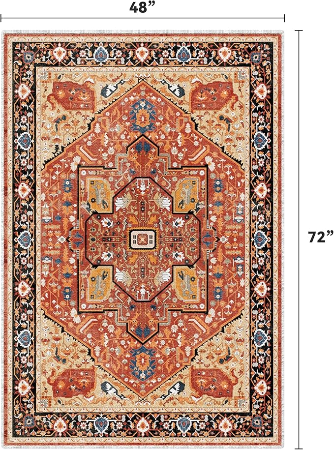 EnHomee 4x6 Washable Area Rugs for Bedroom, Boho Vintage Rugs, Foldable Area Rug for Dining Room, Non-Slip Soft Living Room Rug, Low Pile Large Carpet for Bathroom, Red