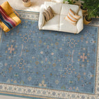 Blue Big Rugs for Living Room - Dusty Blue 10 x 14 Area Rug for Large Bedroom, Dining Room, Washable Lightweight Low Pile Foldable Eclectic Modern Floral Home Décor