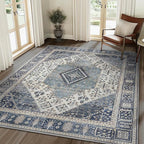GENIMO 8x10 Area Rugs for Living Room, Machine Washable Non Slip Vintage Rugs, Low Pile Lightweight Chenille Print Rug for Bedroom, Dining Room, Home Office, Navy/Cream