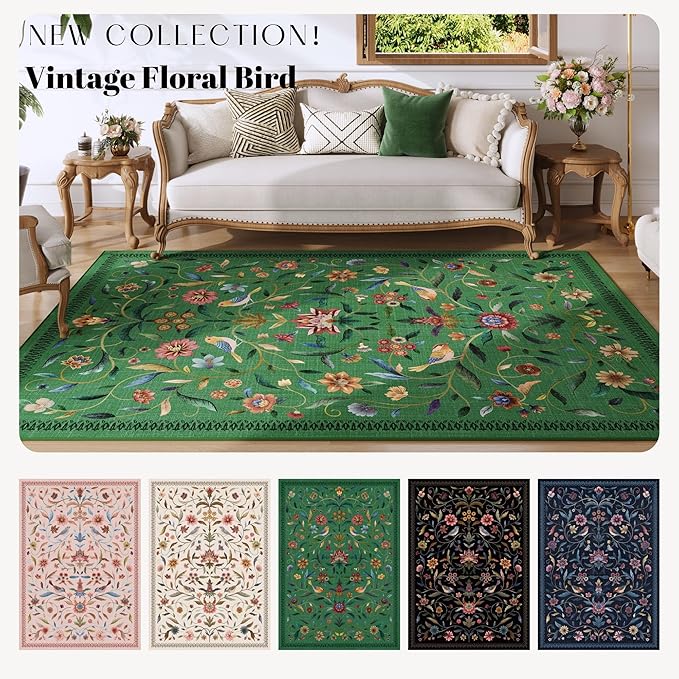 Vintage Medallion Floral 5x7 Area Rugs, Machine Washable Non-Slip, Low Pile Soft Carpet for Living Room, Bedroom, Dining Room, Farmhouse, Kids Playroom, Office | Green
