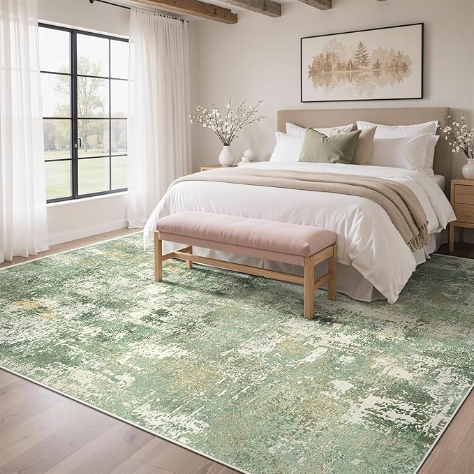 GENIMO Abstract Area Rug 9x12, Washable Large Modern Rug Non Slip, Low Pile Lightweight Soft Carpet for Living Room, Bedroom, Dining Room, Light Green