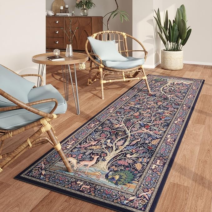 Rugcomf Runner Rug 2x6 Vibrant Tree of Life-Patterned Vintage Kitchen Rugs Non Slip Washable Soft Carpet Runner for Laundry Bedroom Bathroom, Blue
