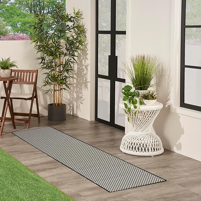 Nourison Home Courtyard Black White 2' x 6' Area Rug - Easy Clean, Non Shedding, Bed Room, Living Room, Dining Room, Kitchen (6' Runner)