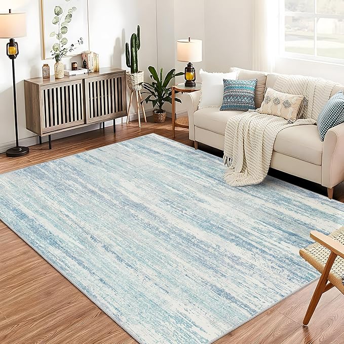 MUJOO 5x7 Washable Area Rug,Modern Abstract Rugs for Living Room Bedroom Dining Room,Large Non Slip Carpet Indoor,Low Pile Throw Rug Accent Neutral Blue
