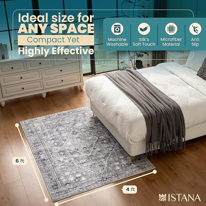 Istana 4x6 Area Rug - Grey Rugs for Living Room 4x6 - Foldable Rugs for Bedroom - Stain Resistant Washable Rug - Eco-Friendly Boho Area Rugs - Easy to Clean Living Room Rug 4 x 6