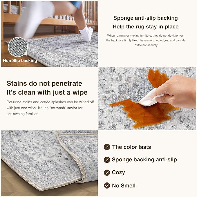 HUGEAR Machine Washable Area Rugs 9x12 Vintage Blue Large Living Room Bedroom Rug Neutral Style Non Slip Stain Resistant Low Pile Throw Carpet for Home Retro Aesthetic Modern Decor