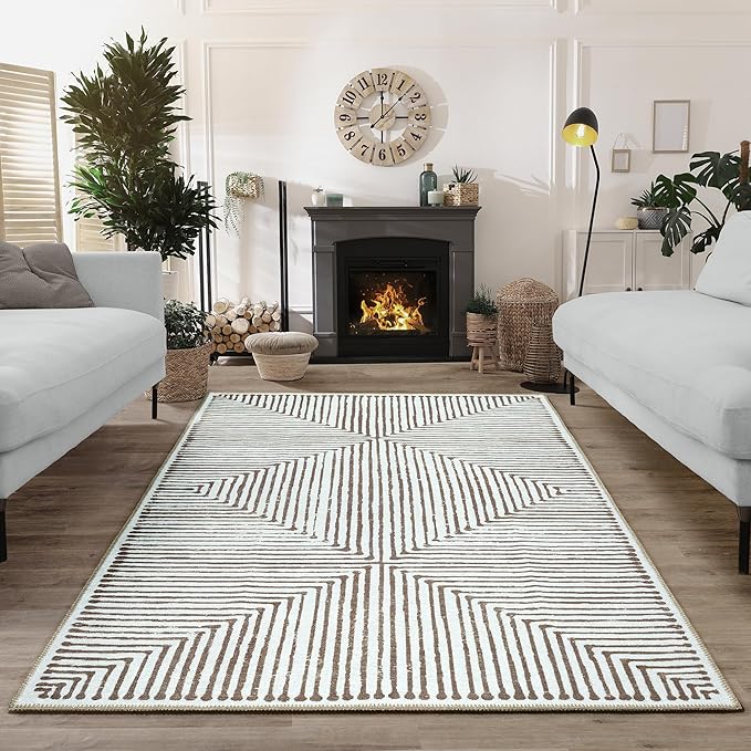 Bloom Rugs Washable Non-Slip 5' x 7' Rug - Brown Striped Area Rug for Living Room, Bedroom, Dining Room, and Kitchen - Exact Size: 5' x 7'