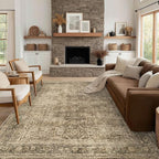 FMFUNCTEX 10x14 Washable Area Rug Brown Vintage Neutral Distressed Large Non Slip Carpet for Living Room Bedroom Soft Low Pile Indoor Mat Retro Floral Throw Rug for Dining Room Kitchen Office Nursery
