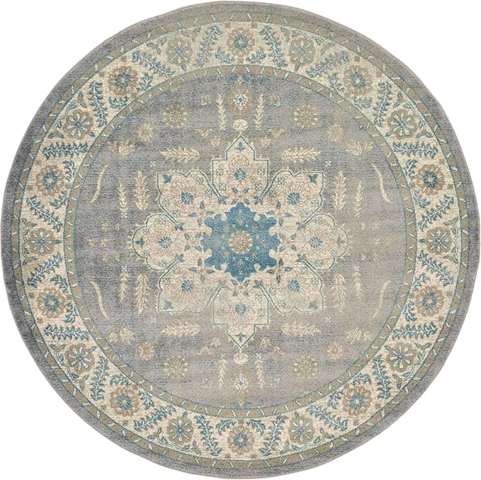 Unique Loom Salzburg Collection Classic Traditional Design Oriental Inspired Border Area Rug (7' 3 x 7' 3 Round, Gray/Beige)