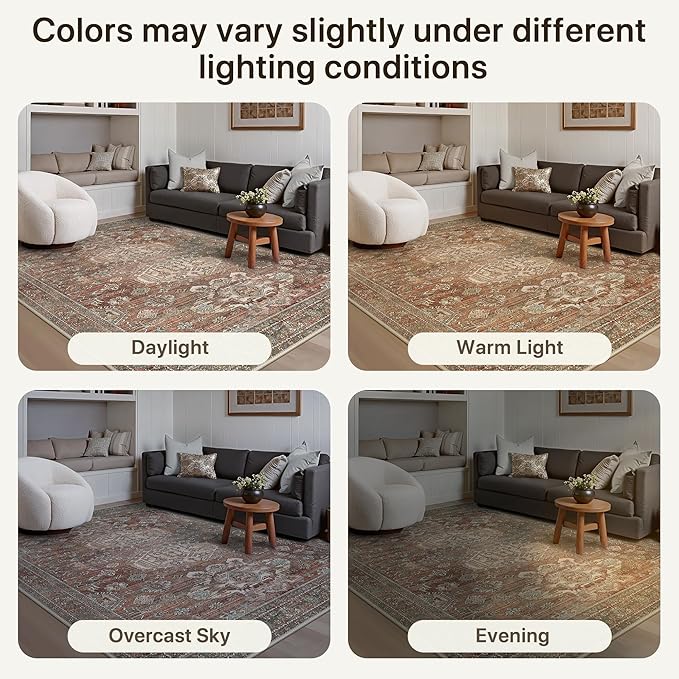 Bavni Washable Runner Rug 2x7, Non Slip Long Hallway Rug, Vintage Print Low Pile Ultra Thin Washable Carpet for Kitchen Bedroom, Brick