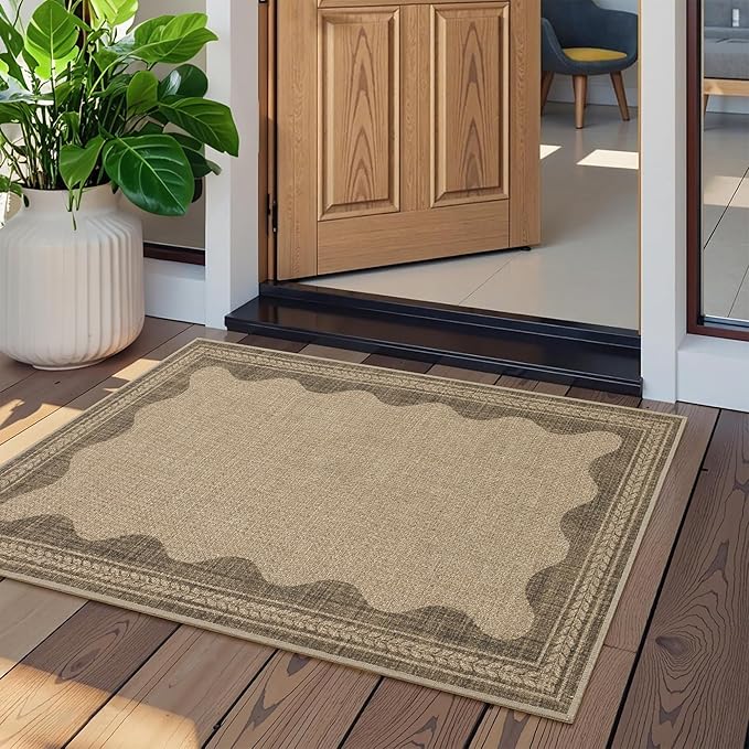 Scalloped Easy Jute Entryway Rug 2x3 Indoor Outdoor Front Door Mat Washable Non Slip Farmhouse Neutral Low Pile Small Rug for Entryway Proch Kitchen