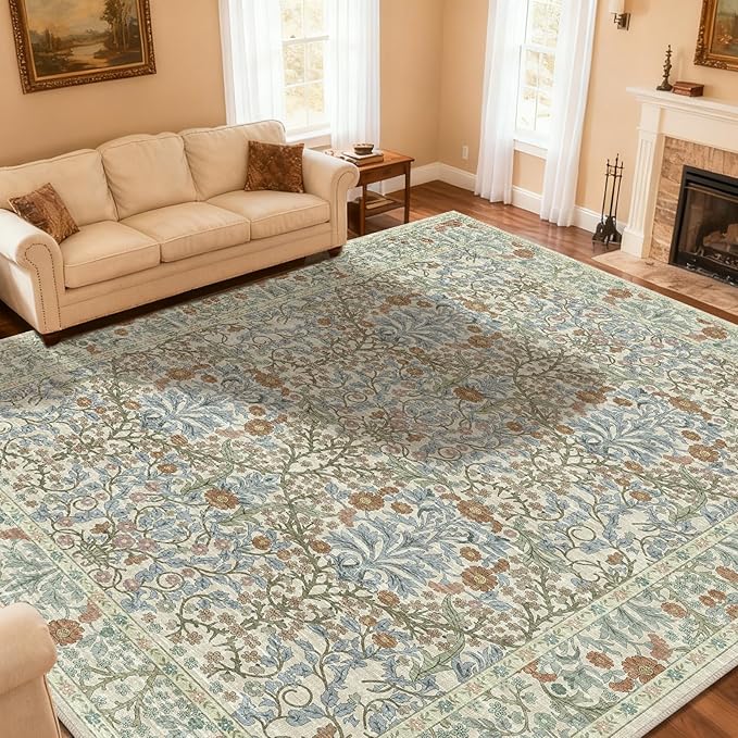 Extra Large 10x14 Area Rug for Living Room, Washable Rugs for Dining Room, Bedroom, Non Slip Stain Resistant Carpet, Low Pile Vintage Floral Rug (Beige Blue)