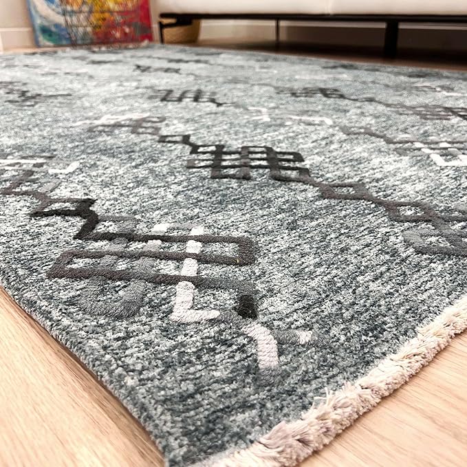 Alfa Rich 7x10 Bluish Gray Washable Area Rugs for Living Room Bedroom Kitchen Decor Cotton Rug
