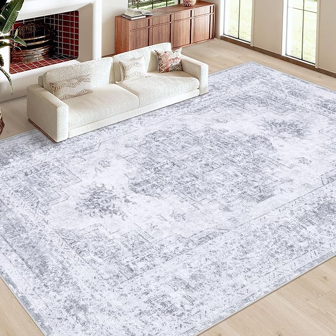 Area Rug 10x12 Living Room Rugs, Machine Washable Vintage Distressed Medallion Rug Non-Slip Soft Low Pile Large Indoor Rugs for Bedroom Kitchen Dining Room Office(Light Grey,10'x12')