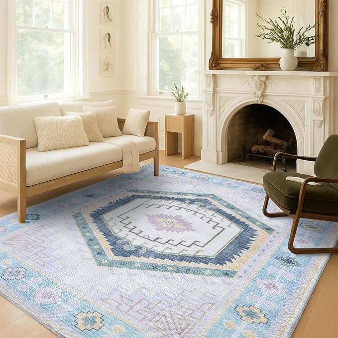 Fame Living Washable Area Rug. Modern Farmhouse. Vintage. Turkish. Bohemian. Distressed. Oriental. Traditional. Rugs for Living Room. Dining. Bedroom. Office. Entryway. Foyer. (856PBl, 2'5" x 13')