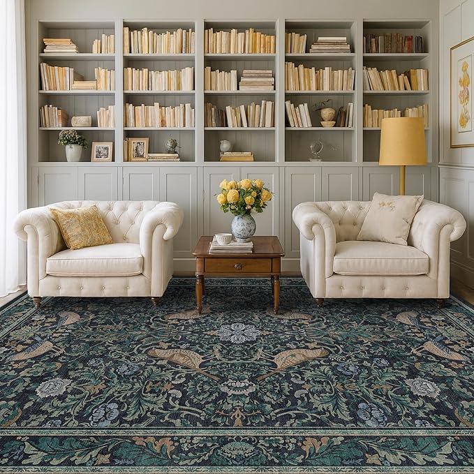 Moody Floral 6x9 Boho Living Room Rug - Washable Forest Bird Non-Slip & Low Pile Soft Carpet, Navy Blue & Deep Teal Area Rug for Dining Room Under Table, Bedroom