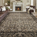 Washable Living Room Rug: 9x12 Boho Floral Soft Area Rug for Bedroom Decor - Vintage Low Pile Thin Carpet for Dining Room Non-Slip - Farmhouse Stain Resistant Rugs - Dark Brown