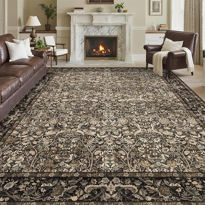 Washable Living Room Rug: 9x12 Boho Floral Soft Area Rug for Bedroom Decor - Vintage Low Pile Thin Carpet for Dining Room Non-Slip - Farmhouse Stain Resistant Rugs - Dark Brown