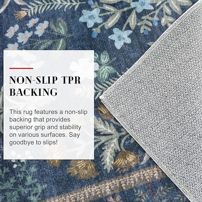 Boho Entryway Rug 2x3 Washable, Navy Floral Kitchen Rug, Super Thin Faux Wool Small Area Rug, Non-Slip Soft Carpet for Foyer, Bedroom, Office