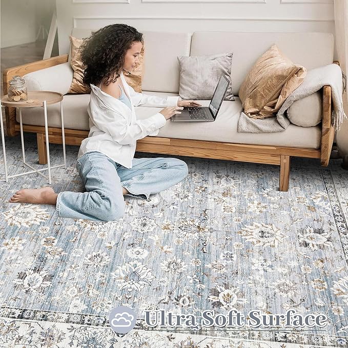Area Rug 6x9 Living Room Rug, Machine Washable Vintage Distressed Boho Area Rug Non-Slip Soft Low Pile Large Indoor Rugs for Bedroom Kitchen Dining Room Office(Light Blue,6'x9')