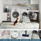 jinchan Area Rug 8x10 Washable Living Room Rug Vintage Indoor Large Floor Cover Distressed Lightweight Non-Slip Low Pile Thin Mat Stain Resistant Carpet for Bedroom Dining Room Office Light Blue