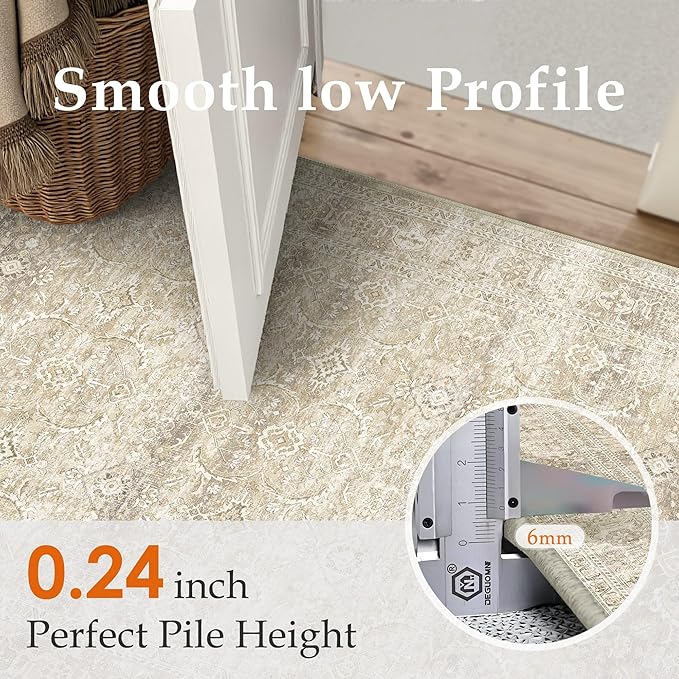 HUGEAR 3x5 Area Rug Beige Vintage Neutral Washable Bathroom Rug Soft Non Slip Distressed Carpet Low Pile Pet Friendly for Kitchen Bedside Entryway Hallway Porch Dining Room
