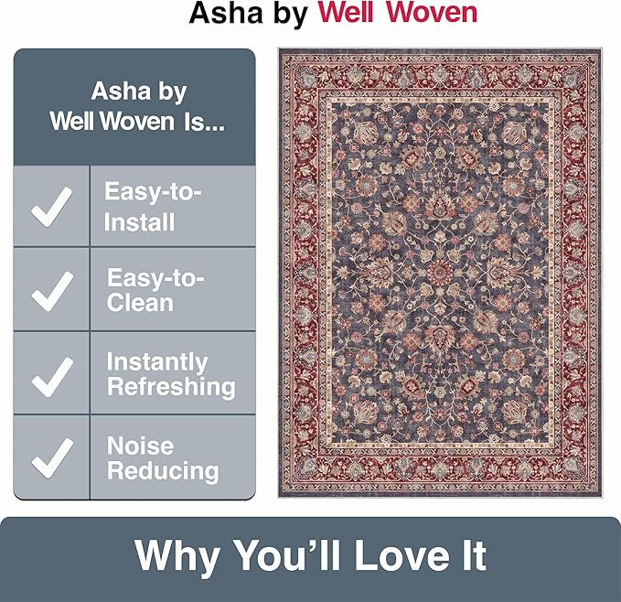 Well Woven Asha Rome Navy Blue Red 7'7" x 9'10" Area Rug - Oriental Floral Pattern, Easy Clean, Floor-Friendly Backing - for Living Room, Bedroom, and Dining Room