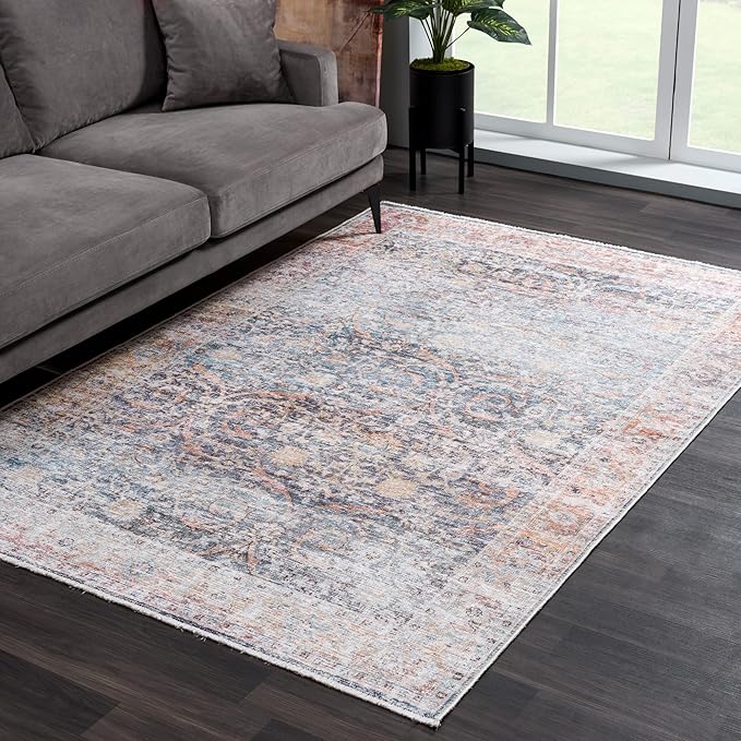 Bloom Rugs Caria Washable Non-Slip 5x7 Rug - Ocean Blue/Brick Traditional Area Rug for Living Room, Bedroom, Dining Room, and Kitchen - Exact Size: 5' x 7'
