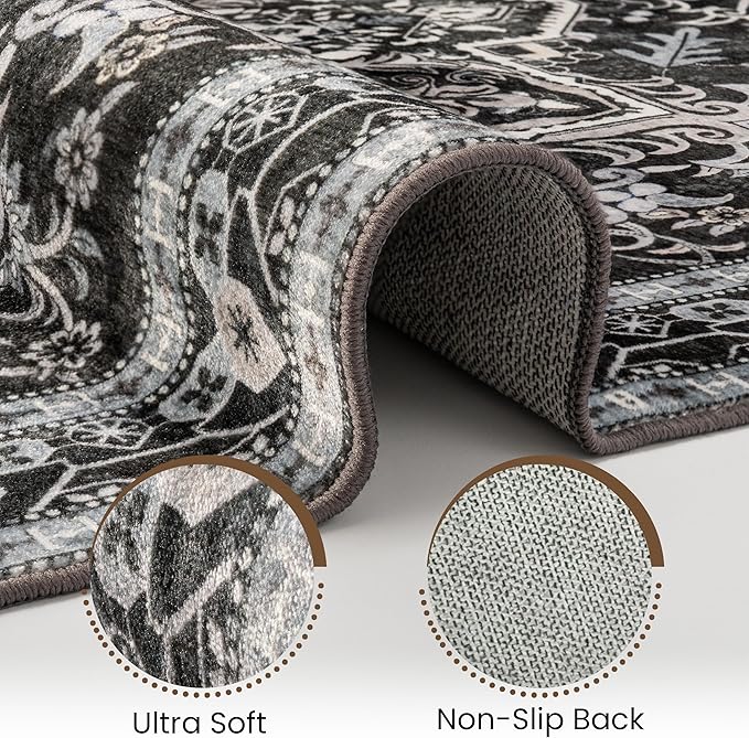 Washable Runner Rug 2.5x8 | Non Slip Rug Runners for Hallways, Entryways, Kitchens, Bathrooms, Bedrooms | Ultra-Soft Flannel Carpet Runners with Rubber Backing (Charcoal, 2.5x8)