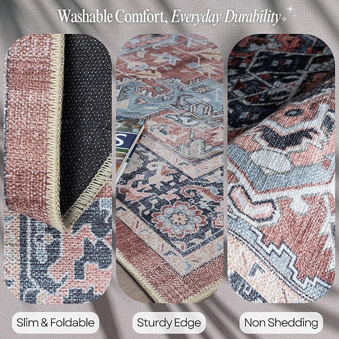 Fame Rugs Turkish Rug. Washable Vintage Oriental Antique Inspired Traditional Doormat Small Modern Area Rugs Luxury Entryway Entry Bedroom Bathroom Kitchen (401TB, 2'5 x 13'1)