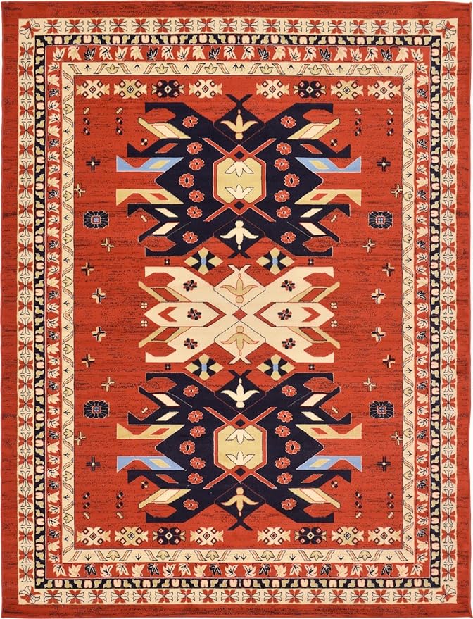 Unique Loom Taftan Collection Border Geometric Tribal Inspired Design Area Rug (9' 0 x 12' 0 Rectangular, Terracotta/ Ivory)
