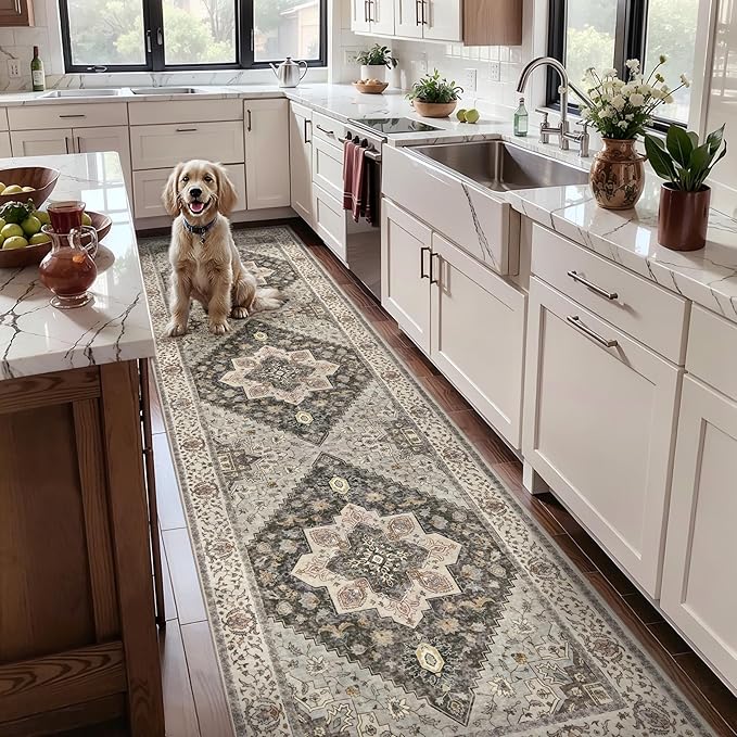 Tangsoo 3x8 Runner Rug for Hallway Long Washable Hallway Runner Rugs, Non Slip Vintage Soft Low Pile Rug Runner, Indoor 8ft Carpet Runners for Kitchen Bedroom Entryway Living Room Grey