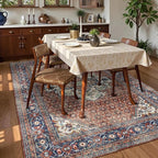 Washable Area Rug 6' x 9' Vintage Traditional Persian Mat - Foldable Distressed Non-Slip Machine Washable Carpet for Living Room Bedroom Kitchen Home Decor - Terracotta and Navy