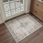 HUGEAR 2x3 Entryway Area Rug Retro Taupe Green Small Rug Machine Washable Door Mat Vintage Floral Low Pile Carpet Distressed Throw Rug Entrance Kitchen Bathroom Office Non Slip Soft Lightweight