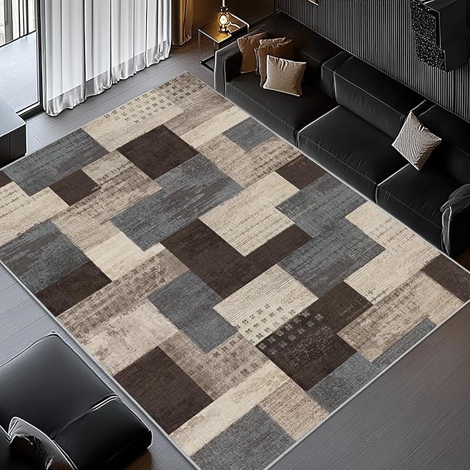 Modern Geometric Patchwork Indoor Area Rug for Living Room, Blue-Taupe 6'x 9' Large Rug Rockwood Collection Hardwood Floors Decor for Bedroom, Blue Throw Carpet for Office Entryway Dining Room