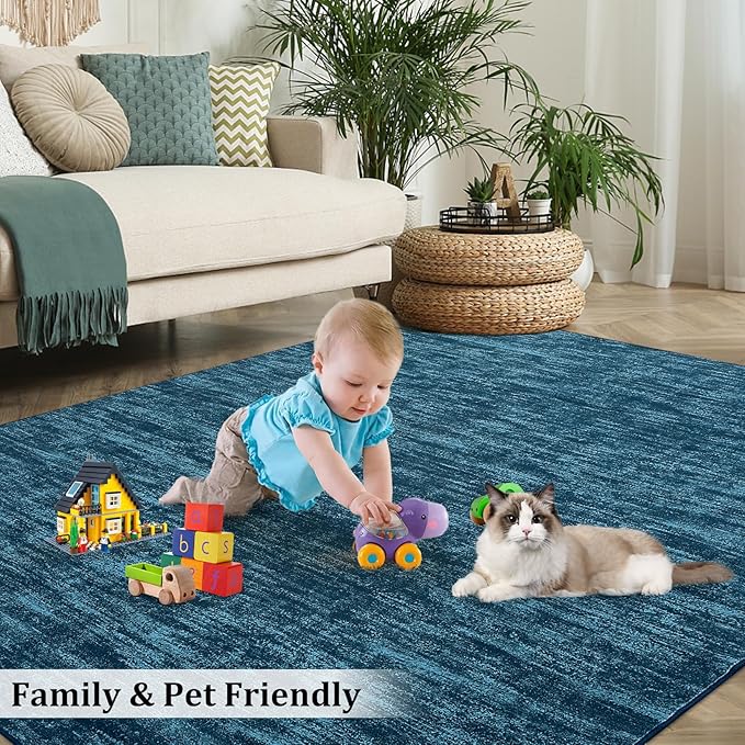 RUGSREAL Large Solid Color Area Rug 8x10 Machine Washable Rug Non-Slip Low-Pile Modern Area Rugs Contemporary Rug Home Office Throw Carpet for Living Room Bedroom, 8' x 10' Indigo