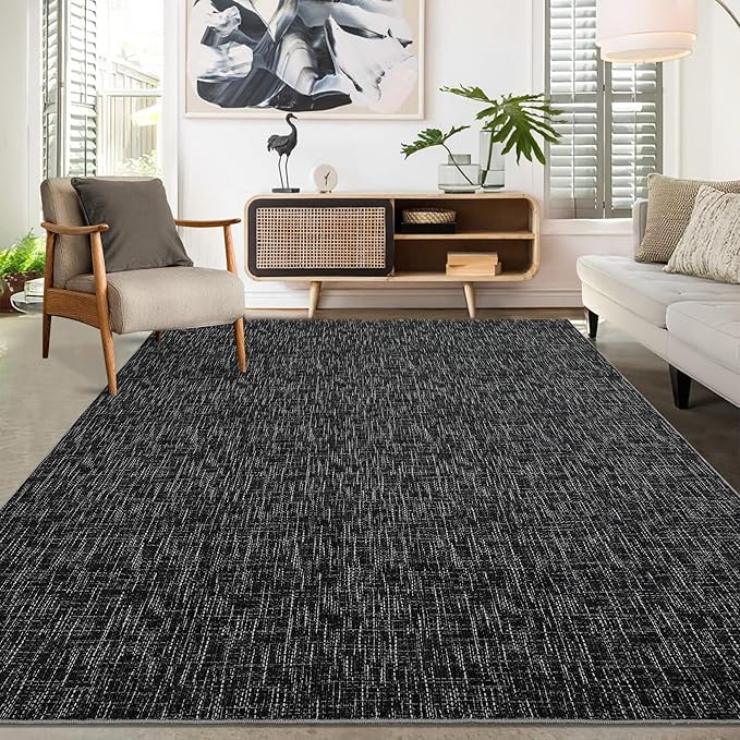 RUGSREAL Living Room Area Rug 9x12 Machine Washable Rug Non-Slip Stain Resistant Modern Abstract Bedroom Rug Contemporary Throw Floor Carpet for Dining Room Solid Area Rug for Home Office, Black