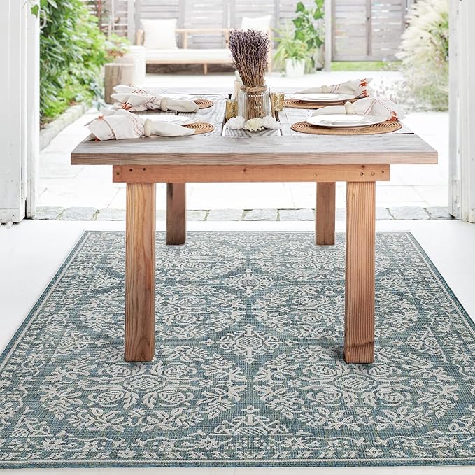 FH Home Flat Woven Outdoor Rug - Waterproof, Easy to Clean, Stain Resistant - Premium Polypropylene Yarn - Farmhouse - Porch, Deck,Balcony,Laundry Room - Marbella - Ocean - 2ft 8in x 4 ft 11in