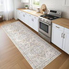 Runner Rug Kitchen Washable Rugs: 3x8 Non-Slip Boho Soft Vintage Stain Resistant Indoor Floor Neutral Farmhouse Throw Carpet for Hallway Bathroom Laundry Room Entryway Bedroom- Ivory Gray