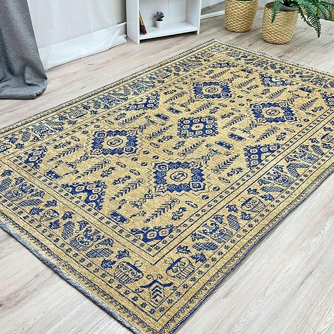 Alfa Rich 5x8 Gold Navy Blue Washable Area Rugs for Living Room Bedroom Kitchen Dining Cotton Rug