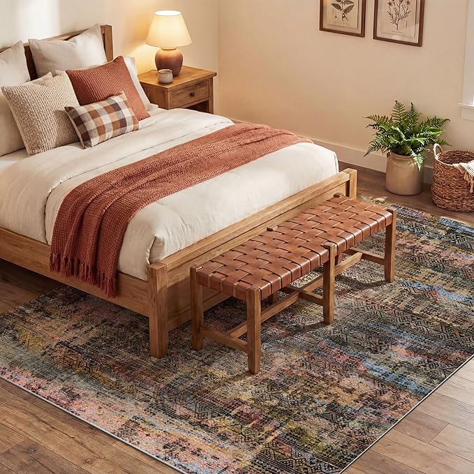 Kokia Abstract Area Rugs 8x10 Bedroom Soft Living Room Rugs Washable Distressed Vintage Comfy Brown Yellow Carpet with Non-Slip Backing for Farmhouse Home Office Room Decor, Oslo Fireworks
